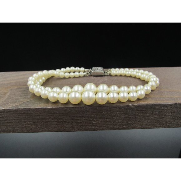 7 Inch Sterling Silver Double Strand Faux Pearls Bracelet - Picture 1 of 7